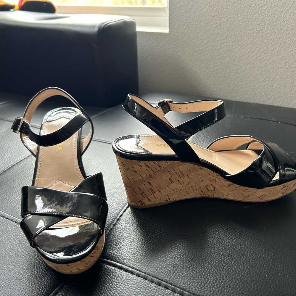 Prada Black Patent Leather Strappy Sandals with Wedge Cork Heel sz 40 / 9